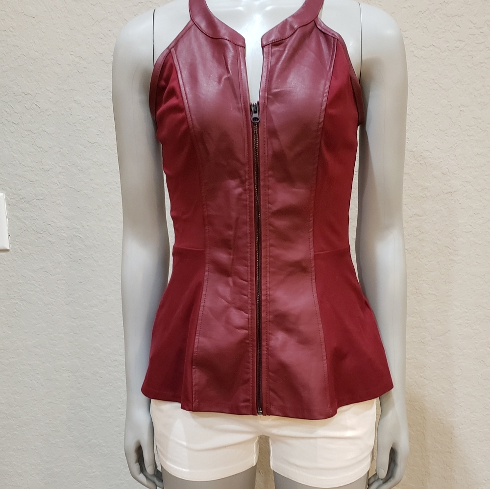 Sexy Summer Top Faux Leather Burgundy Wine Color